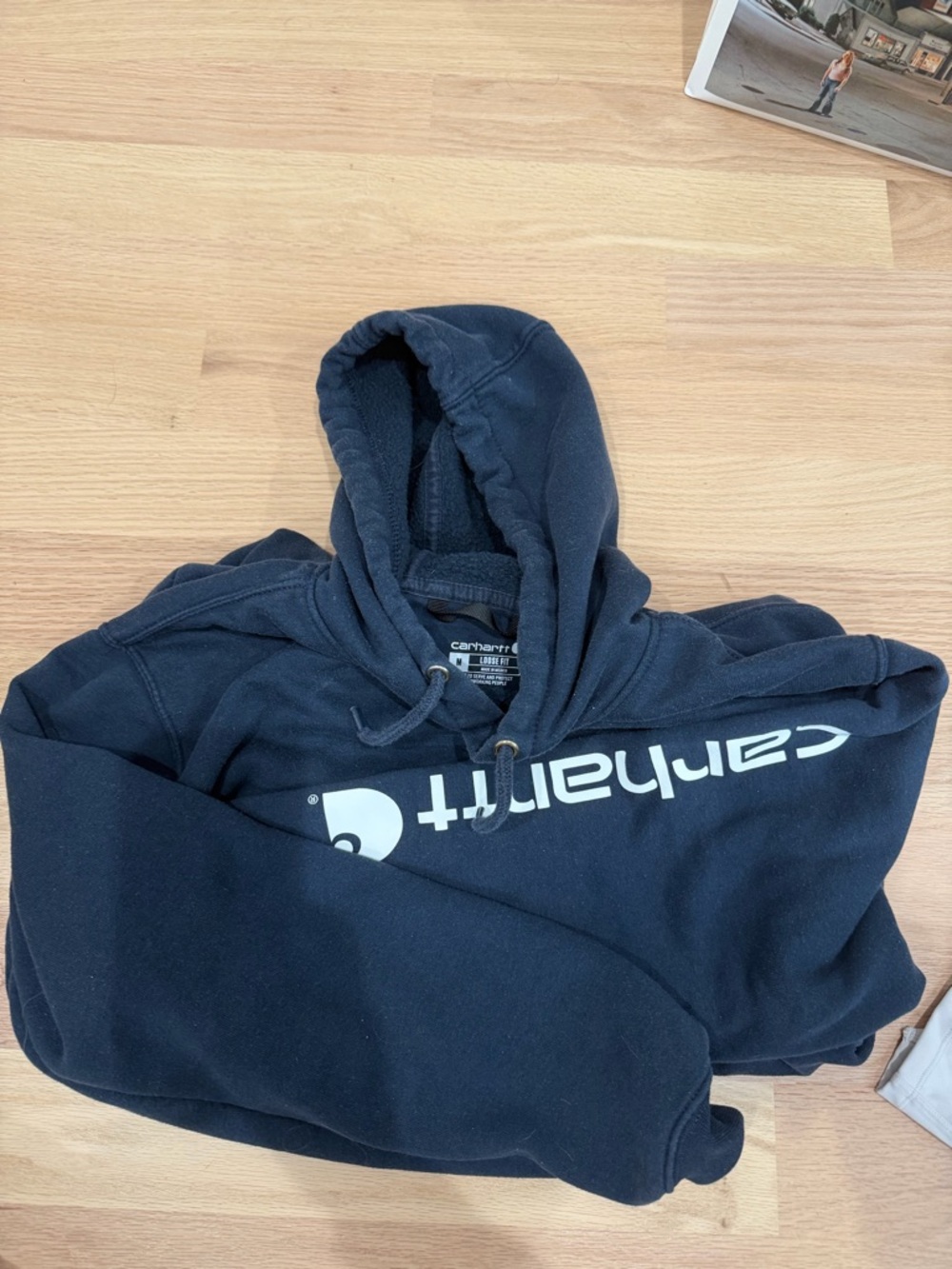 Carhartt Navy Blue Pullover Hoodie with White Logo